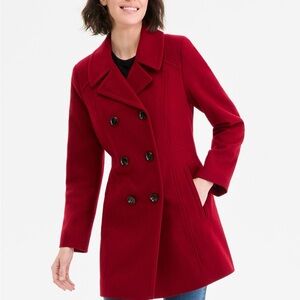 Anne Klein Double-Breasted  Burgundy blood Red Pea Coat